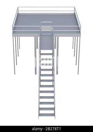 scala industriale con piattaforma isolata su vista frontale bianca. rendering 3d Foto Stock