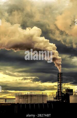 Il fumo esce dalla ciminiera di fabbrica inquinamento cambiamento climatico il riscaldamento globale Foto Stock