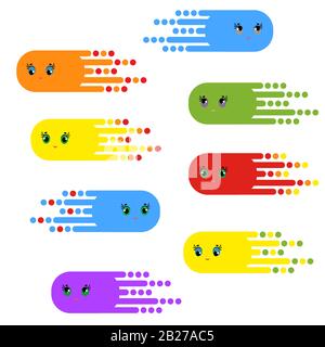 Un set di personaggi volanti fantastici di colori luminosi. Semplice immagine vettoriale piatta isolata su sfondo bianco. Illustrazione Vettoriale