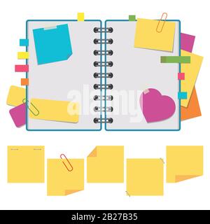 Colore aprire il notebook su anelli con fogli puliti. Un set di adesivi e note quadrati adesivi. Semplice illustrazione vettoriale piatta isolata su backgroun bianco Illustrazione Vettoriale