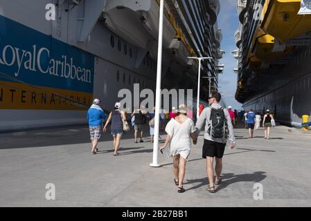 5 febbraio 2020, Coco Cay, Bahama Islands: Ospiti dell'Oasi dei Mari e Sinfonia dei Mari durante il cruse alle Bahamas in febbraio. Tutti gli ospiti che hanno visitato recentemente la Cina non sono stati autorizzati a salire a bordo della nave. Molti viaggiatori stanno ritardando o annullando i viaggi in crociera programmati in precedenza, dato che alcune navi sono allontanate dai porti nel timore dell'epidemia globale di coronavirus. . Nella Foto: Gli ospiti ritornano alle navi dopo un'escursione di un giorno all'isola privata (immagine di credito: © Robin Rayne/ZUMA Wire) Foto Stock