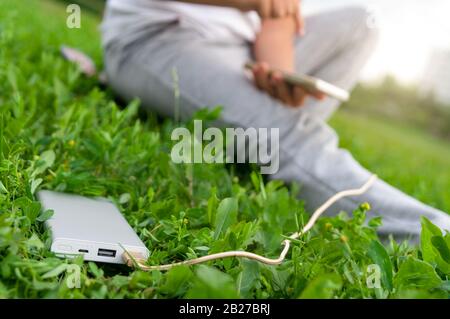 Ragazzo che chattava su smartphone su un prato mentre si carica dalla power bank. Foto Stock