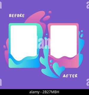 Modello colorato prima e dopo circondato da acqua splash piatto vettore illustrazione Illustrazione Vettoriale