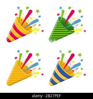 Festeggiate i poppers con i confetti, per le festose congratulazioni e le feste serali. Illustrazione del vettore Illustrazione Vettoriale