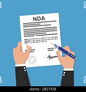 Documento d'accordo. Firma NDA con penna. Illustrazione vettoriale in stile piatto Illustrazione Vettoriale