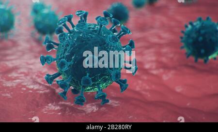 Illustrazione 3D concetto di Coronavirus al microscopio. Diffusione del virus all'interno dell'uomo. Epidemia, pandemia che colpisce il tratto respiratorio Foto Stock