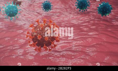 Illustrazione 3D concetto di Coronavirus al microscopio. Diffusione del virus all'interno dell'uomo. Epidemia, pandemia che colpisce il tratto respiratorio Foto Stock