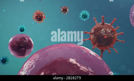 Patogeno cinese chiamato Coronavirus o Covid-19, come un tipo di influenza. Focolaio di coronavirus, cellule umane, il virus infetta le cellule. Concetto di a. Foto Stock