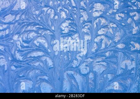 Frostwork. Bellissimi motivi ghiacciati sul vetro. Fantasia motivi invernali. Orizzontale. Foto Stock