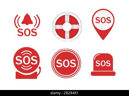 Set di diverse sos icona semplice vettore piatto illustrazione rossa helpline emergenza Illustrazione Vettoriale