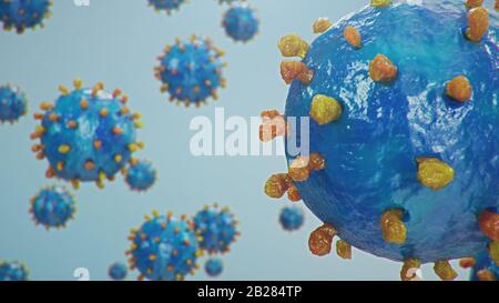 Illustrazione 3D concetto di Coronavirus al microscopio. Diffusione del virus all'interno dell'uomo. Epidemia, pandemia che colpisce il tratto respiratorio Foto Stock