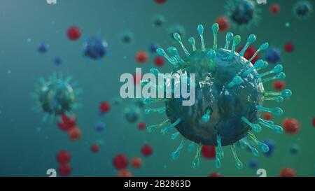 Illustrazione 3D concetto di Coronavirus al microscopio. Diffusione del virus all'interno dell'uomo. Epidemia, pandemia che colpisce il tratto respiratorio Foto Stock