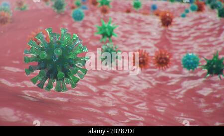 Focolaio di coronavirus, virus influenzale e 2019-nCov. Concetto di pandemia, epidemia per le cellule umane. COVID-19 al microscopio, agente patogeno Foto Stock