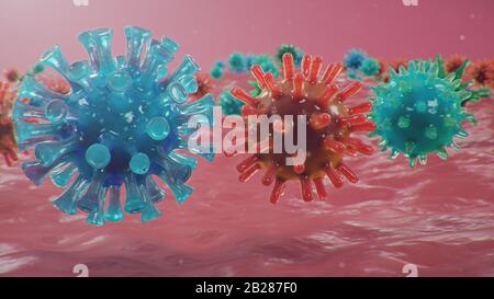 Illustrazione 3D concetto di Coronavirus al microscopio. Diffusione del virus all'interno dell'uomo. Epidemia, pandemia che colpisce il tratto respiratorio Foto Stock