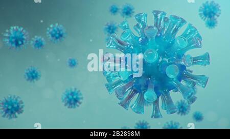 Illustrazione 3D concetto di Coronavirus al microscopio. Diffusione del virus all'interno dell'uomo. Epidemia, pandemia che colpisce il tratto respiratorio Foto Stock