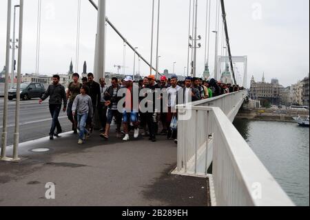 Budapest, Ungheria. Immagine di archivio dal 5th settembre 2015. I rifugiati sulla strada da Budapest al confine austriaco. Foto Stock