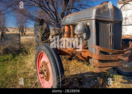 Vecchio, Rotto, Rusty Per il trattore si siede al minimo nelle erbacce in una giornata di sole Foto Stock