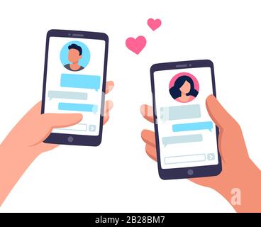 Coppia in amore texting. Smartphone con mani maschili e femminili e messaggi di testo chat. Rapporto app di incontri online. Illustrazione Vettoriale