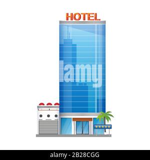 Moderno edificio alberghiero, grattacieli torri con palme icona isolata su sfondo bianco, illustrazione vettoriale. Illustrazione Vettoriale