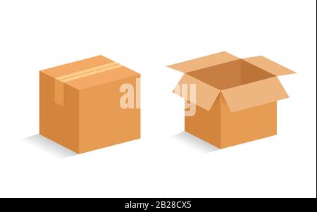Scatola di cartone aperta e chiusa. Illustrazione del vettore. Illustrazione Vettoriale