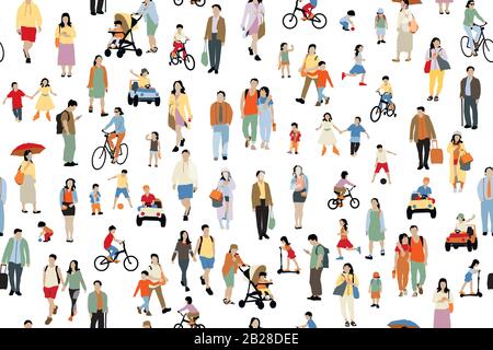 Molte persone illustrazione vettoriale . Gruppo di personaggi dei cartoni animati per adulti e bambini di sesso maschile e femminile, Foto Stock