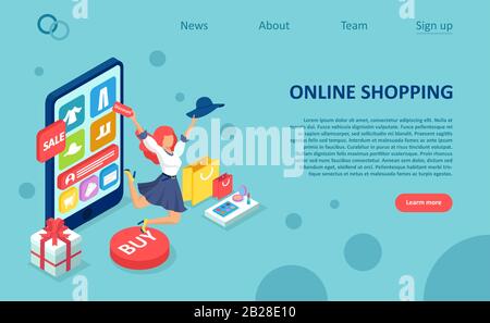 Vettore di una donna felice shopping online a prezzi scontati Illustrazione Vettoriale