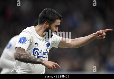 Copenaghen, Danimarca. 1st Mar, 2020. Michael Santos, FC Copenhagen ha scoret to1-0 durante la Superleague soccer tra il FC Copenhagen e l'AAB a Telia Parken, Copenhagen, Danimarca. Credito: Lars Moeller/Zuma Wire/Alamy Live News Foto Stock