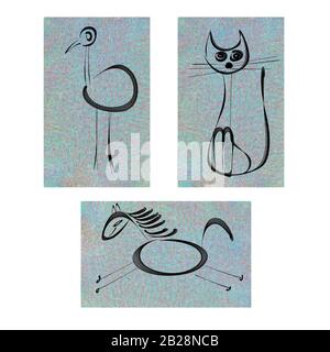 Linee semplici animali, un uccello, un gatto, un cavallo, su uno sfondo blu Foto Stock