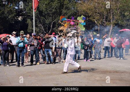 Ballerino indigeno di Mixteco con un toro artigianale pirotecnico in testa che esegue danza tradizionale mentre le scintille volano. Oaxaca, Messico. 18, 20 Febbraio Foto Stock