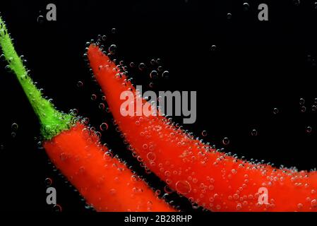 Primo piano di due peperoni rossi di peperoni, immersi in acqua su fondo nero e circondati da bolle d'aria, per cucinare