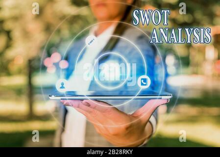 Segno di testo che mostra l'analisi Swot. Fotografia aziendale che mostra il framework utilizzato per valutare la posizione competitiva di un'azienda Foto Stock