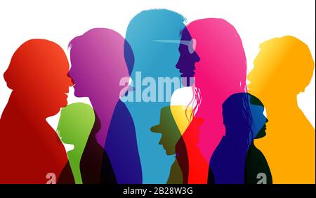 Dialogo People.Talking folla. Silhouette colorata profiles.Communication multietnica multiculturale people.Solidarity.Oneness.Cooperation.Community Foto Stock
