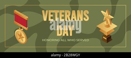 Modello di disegno del banner del giorno dei veterani. Medaglie d'oro con stelle e spazio per illustrazioni isometriche di testo. Onorare tutti coloro che servivano, mente e potere, persistenza e successo del concetto vettoriale. Illustrazione Vettoriale
