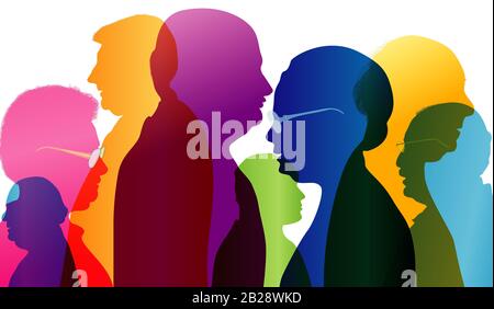 Dialogo tra anziani. Gruppo di persone anziane che parlano. Conversazione in età matura. Profilo di silhouette colorato. Esposizione multipla. Senior. Anziani Foto Stock