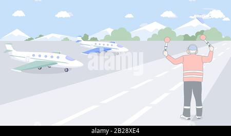 Dipendente dell'aeroporto in uniforme in piedi sulla pista con aeroplani e segnalazione vettore cartoon illustrazione. Professionista, controllore del traffico aereo, lavoratore di aeromobili su profilo airstrip personaggio. Illustrazione Vettoriale