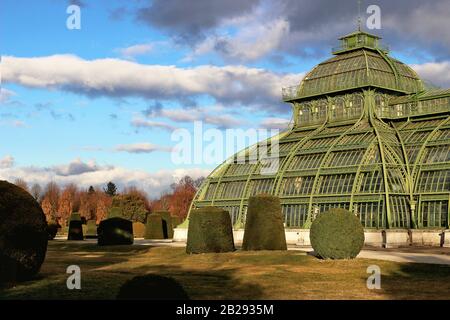 Serra verde, casa di palme nel giardino olandese vicino al palazzo di Schoenbrunn, ex residenza estiva imperiale, Vienna, Austria, Europa. Concetto di viaggio UNESCO Foto Stock