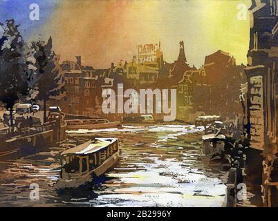 Tramonto sui canali della vecchia Amsterdam. Pittura acquerello di facciate timpate di vecchia architettura nel centro di Amsterdam. Foto Stock