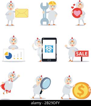 Il carattere del set dell'uomo eseguito come un piccolo pulcino esce dall'uovo. Illustrazione Vettoriale