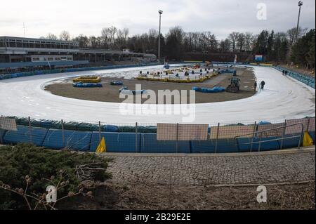 Berlino, Germania. 01st Mar, 2020. Berlino GERMANIA - 1 marzo Panoramica del circuito durante l'Ice Speedway of Nations presso l'Horst-Dohm-Eisstadion, Berlino, domenica 1 marzo 2020. (Credit: Ian Charles | Mi News) Credit: Mi News & Sport /Alamy Live News Foto Stock