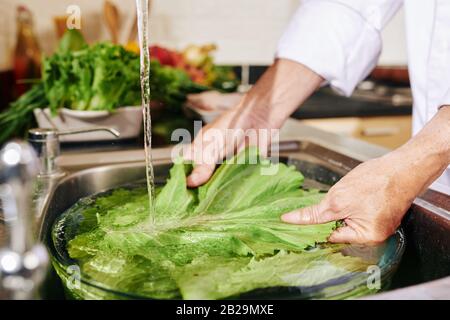 Mani di uomo lavaggio lattuga in grande ciotola con acqua in lavello cucina Foto Stock