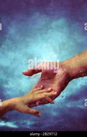 padre che tiene la mano del bambino, pittura l'arte Foto Stock