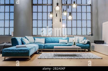 Moderno design interno del soggiorno, grande divano modulare in velluto blu con cuscini bianchi, crepuscolo, notte, soffitto alto, grandi finestre, 3d rendering, 3d il Foto Stock