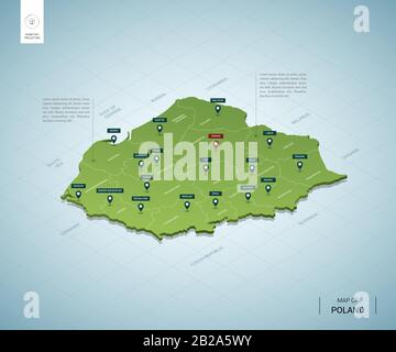 Mappa stilizzata della Polonia. Mappa verde isometrica 3D con città, confini, capitale Varsavia, regioni. Illustrazione del vettore. Livelli modificabili chiaramente etichettati. It Illustrazione Vettoriale