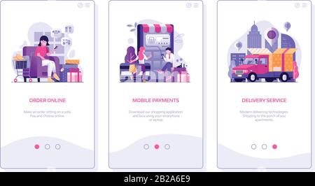 Online Shopping App Mobile Schermi Di Inserimento In Flat Illustrazione Vettoriale