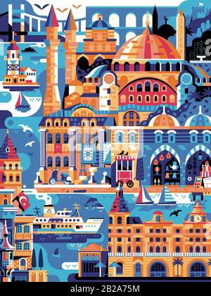Poster Verticale D'Epoca Di Istanbul Ispirato Alla Turchia Travel Illustrazione Vettoriale