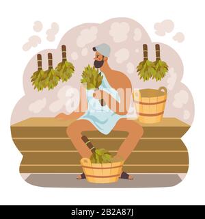 Il poster del bagno e della sauna con un uomo tiene la scopa nella sua mano. Illustrazione vettoriale isolata stile piatto Illustrazione Vettoriale