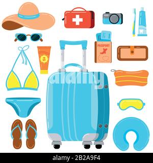 Valigia da viaggio con donne oggetti vettore isolato su sfondo bianco. Illustrazione Vettoriale