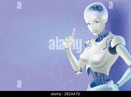 Una donna robot che tiene un dito indice in su. I neuroni sono sui fili del robot. Si trova sullo sfondo di grafici matematici. Illustrazione Vettoriale