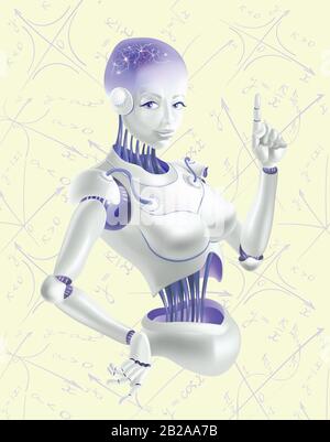 Una donna robot che tiene un dito indice in su. I neuroni sono sui fili del robot. Si trova sullo sfondo di grafici matematici. Illustrazione Vettoriale