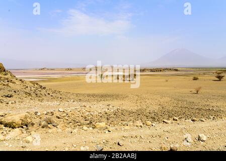 Deserto di fronte All'Ol Doinyo Lengai vulcano e al lago Natron, NP, Africa orientale, agosto 2017, Tanzania settentrionale Foto Stock